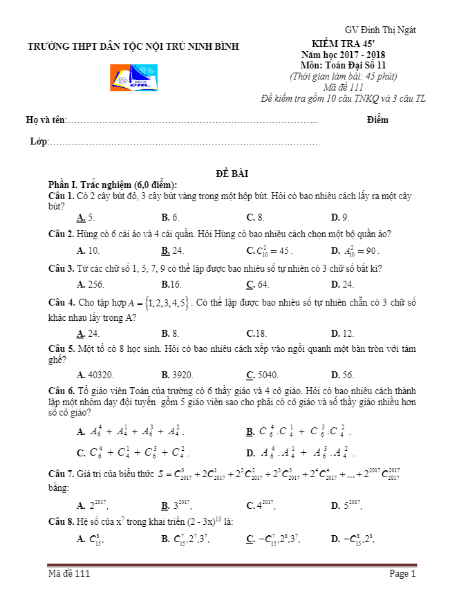 Đề kiểm tra 1 tiết Đại số và Giải tích 11 chương 2 trường THPT Dân Tộc Nội Trú Ninh Bình