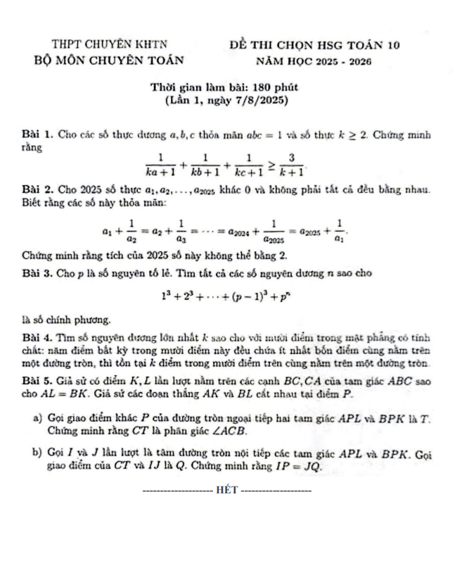 Đề chọn HSG Toán 10 lần 1 năm 2025 – 2026 trường THPT chuyên KHTN – Hà Nội