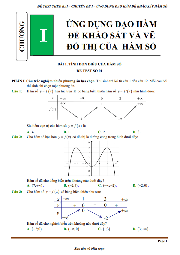 Đề kiểm tra theo bài học chủ đề ứng dụng đạo hàm để khảo sát và vẽ đồ thị hàm số