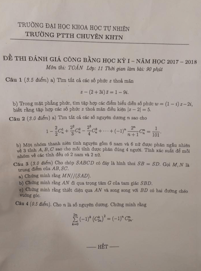 Đề thi đánh giá công bằng học kỳ I năm học 2017 – 2018 môn Toán 11 trường THPT chuyên KHTN – Hà Nội