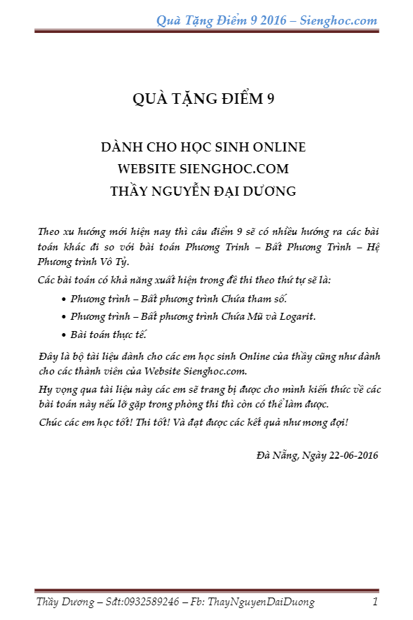 Dự đoán câu điểm 9 trong đề thi THPT Quốc gia 2016 môn Toán – Nguyễn Đại Dương
