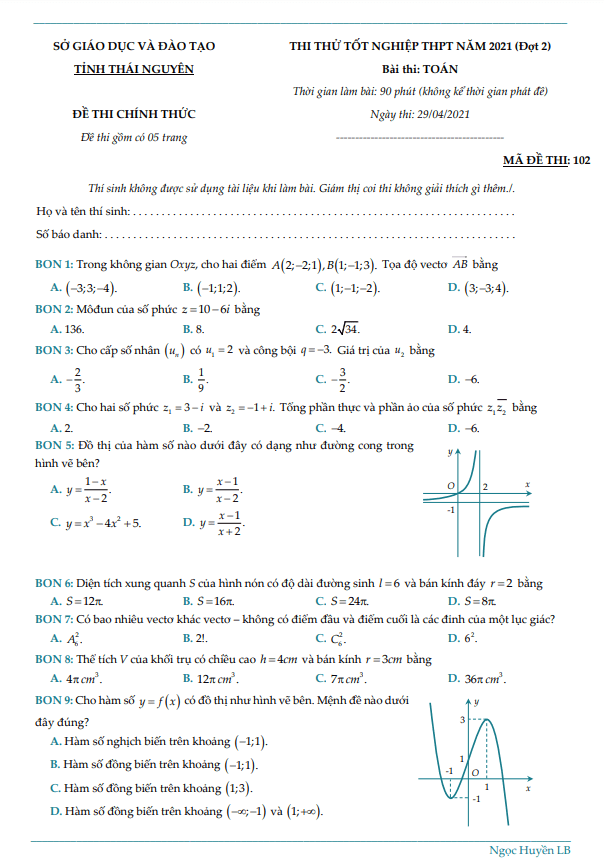 Đề thi thử tốt nghiệp THPT 2021 môn Toán sở GD&ĐT Thái Nguyên (Đợt 2)
