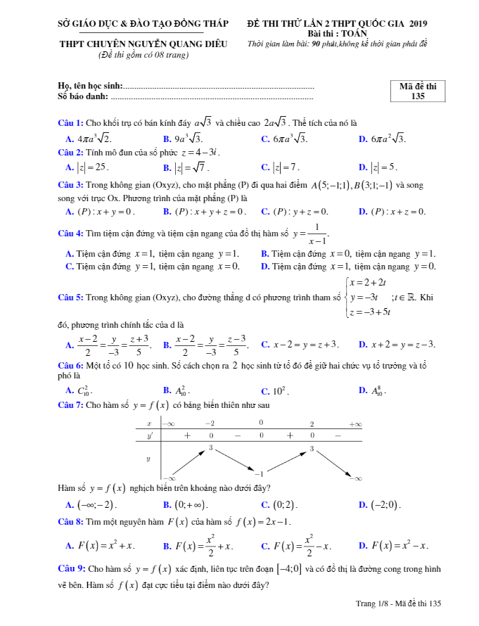 Đề thi thử Toán THPTQG 2019 lần 2 trường chuyên Nguyễn Quang Diêu – Đồng Tháp