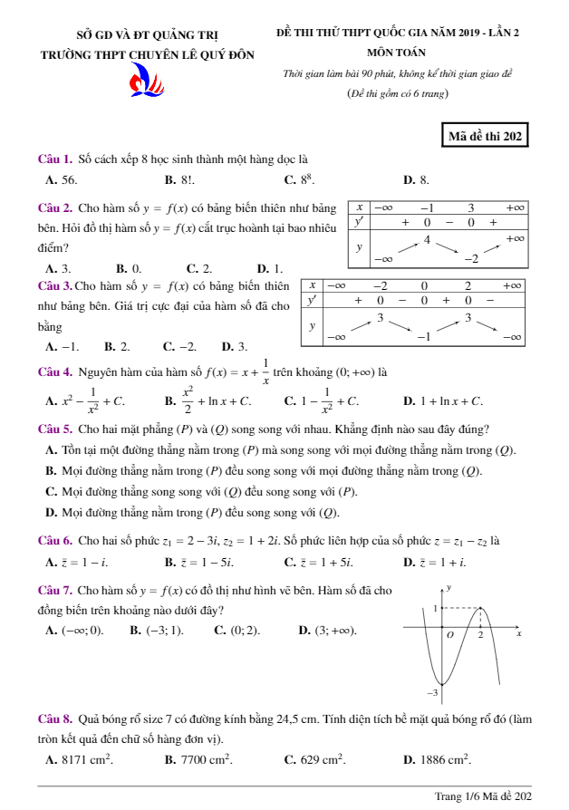 Đề thi thử Toán THPT QG 2019 lần 2 trường chuyên Lê Quý Đôn – Quảng Trị