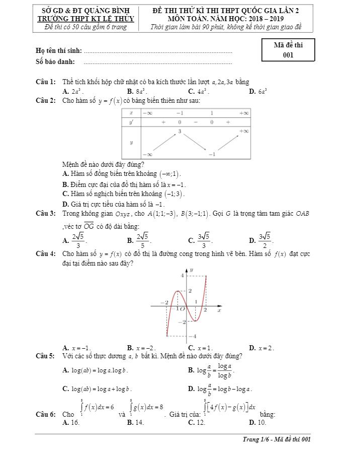 Đề thi thử Toán THPT Quốc gia 2019 trường THPT Lệ Thủy – Quảng Bình lần 2