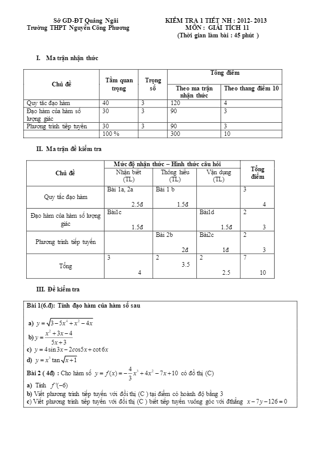 Đề kiểm tra 1 tiết Đại số và Giải tích 11 chương 5 trường THPT Nguyễn Công Phương – Quảng Ngãi