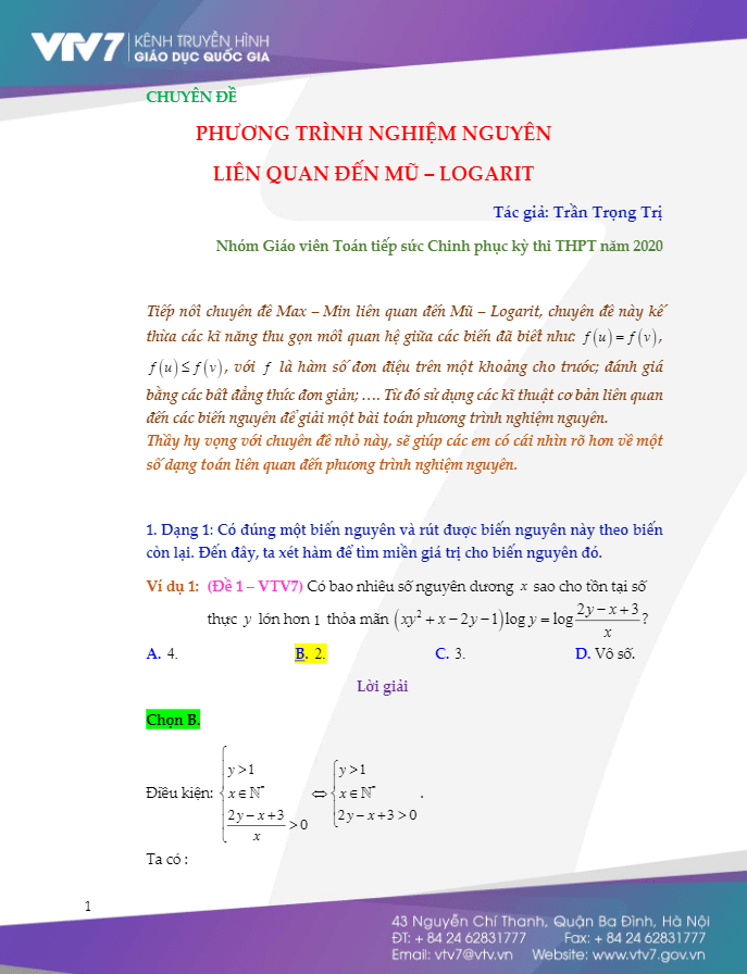Phương trình nghiệm nguyên liên quan đến mũ – logarit – Trần Trọng Trị