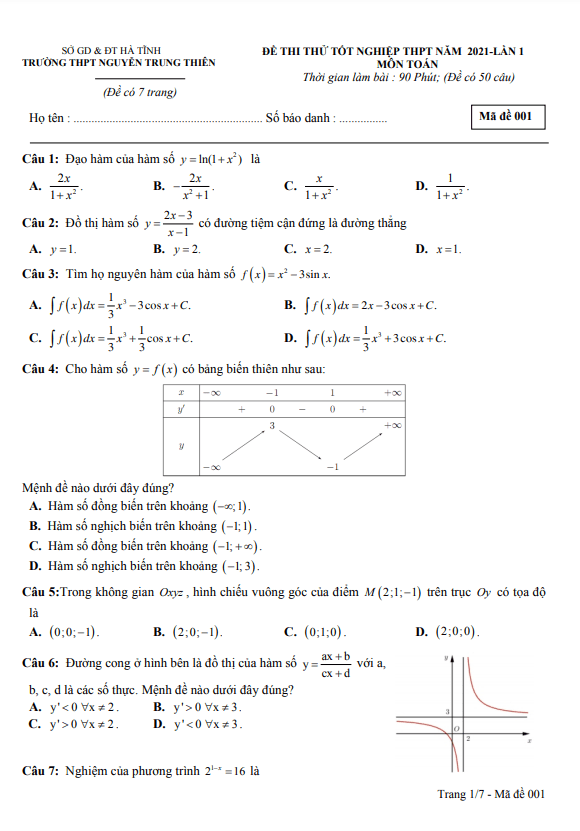 Đề thi thử Toán tốt nghiệp THPT 2021 lần 1 trường Nguyễn Trung Thiên – Hà Tĩnh