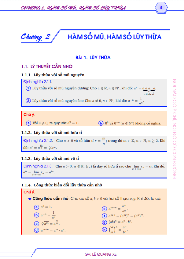 Hàm số lũy thừa, hàm số mũ và hàm số logarit – Lê Quang Xe