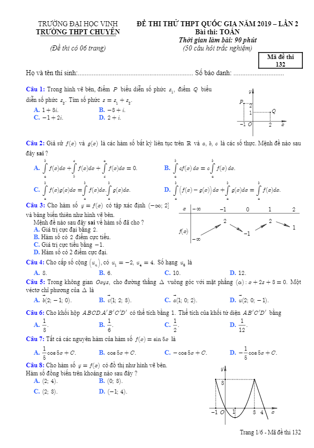 Đề thi thử Toán THPTQG 2019 lần 2 trường THPT chuyên Đại học Vinh – Nghệ An