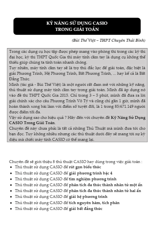 Kĩ năng sử dụng máy tính Casio trong giải toán – Bùi Thế Việt