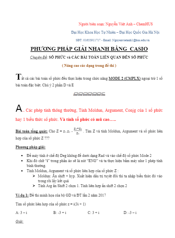 Phương pháp giải nhanh bài toán số phức bằng máy tính Casio – Nguyễn Việt Anh