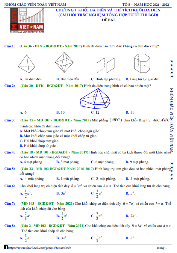 Bài toán khối đa diện và thể tích trong đề thi THPT môn Toán của Bộ GD&ĐT (2017 – 2021)