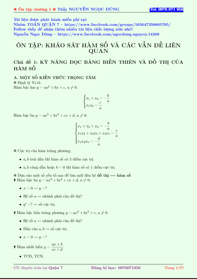 100 bài tập trắc nghiệm rèn luyện kỹ năng đọc bảng biến thiên và đồ thị của hàm số – Nguyễn Ngọc Dũng