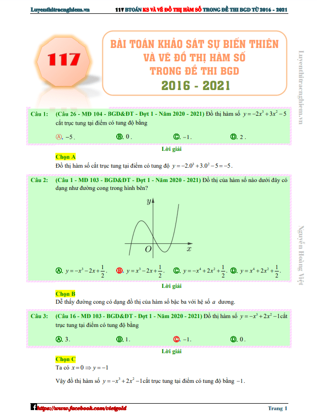 117 bài toán khảo sát và vẽ đồ thị hàm số trong đề thi THPT môn Toán (2016 – 2021)