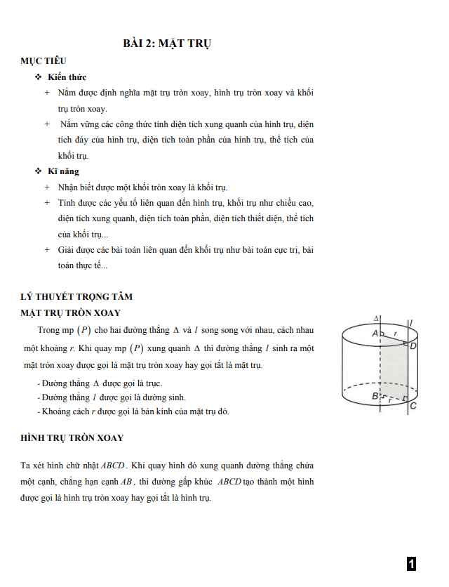 Bài giảng mặt trụ, hình trụ và khối trụ