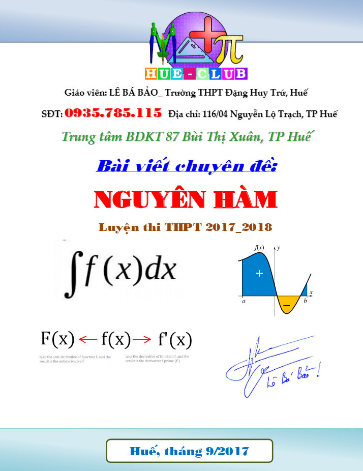 Chuyên đề nguyên hàm luyện thi THPT Quốc gia 2018 – Lê Bá Bảo