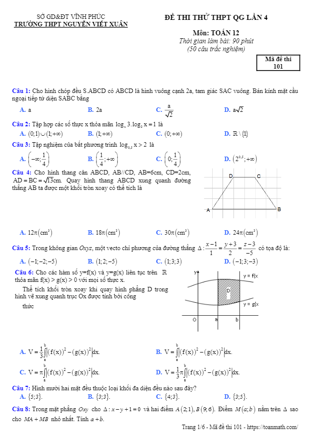 Đề thi thử Toán THPT QG 2019 lần 4 trường Nguyễn Viết Xuân – Vĩnh Phúc