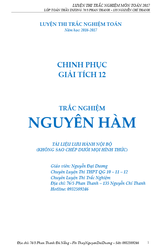 Bài tập trắc nghiệm nguyên hàm – Nguyễn Đại Dương