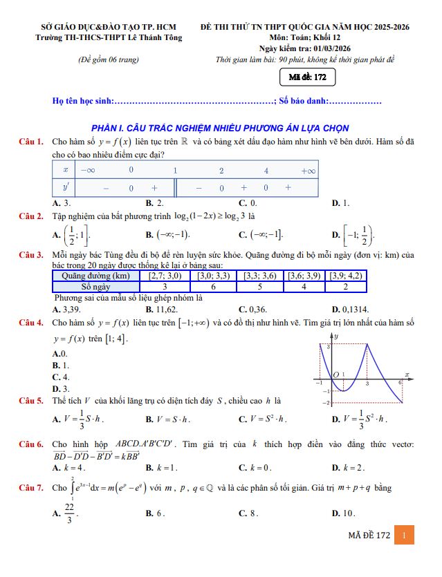 Đề thi thử TN THPT 2026 môn Toán trường Lê Thánh Tông – TP HCM