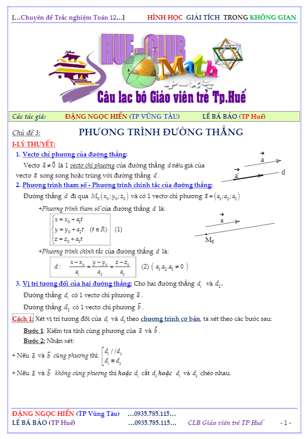 Các dạng bài tập phương trình đường thằng trong không gian – Đặng Ngọc Hiền, Lê Bá Bảo