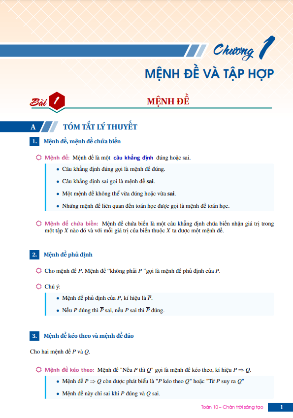 Bài tập môn Toán 10 bộ sách Chân Trời Sáng Tạo học kì 1