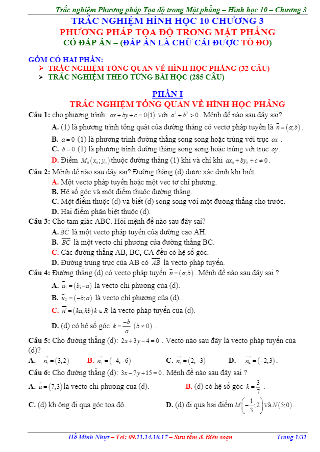 Bài tập trắc nghiệm phương pháp tọa độ trong mặt phẳng – Hồ Minh Nhựt