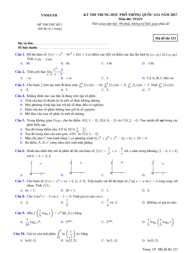 Đề thi thử THPT Quốc gia 2017 môn Toán – VnMath lần 1