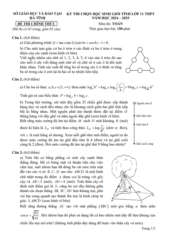 Đề chọn học sinh giỏi tỉnh Toán 11 năm 2024 – 2025 sở GD&ĐT Hà Tĩnh