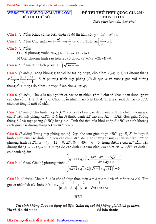 Đề thi thử THPT Quốc gia 2016 môn Toán – Toán Math biên soạn – Đề số 3