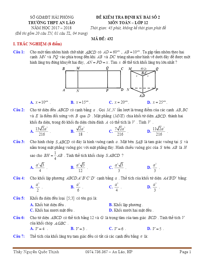 Đề kiểm tra Hình học 12 chương I (Khối đa diện) trường THPT An Lão – Hải Phòng