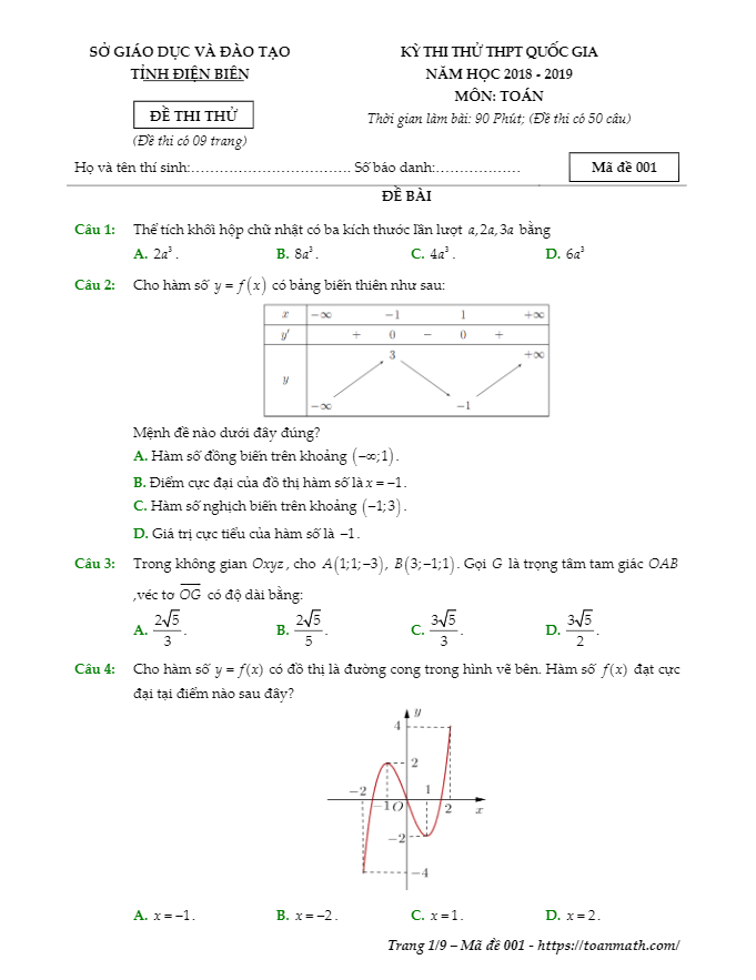 Đề thi thử THPT Quốc gia 2019 môn Toán sở GD&ĐT Điện Biên