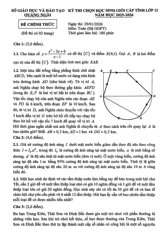 Đề chọn học sinh giỏi tỉnh Toán 12 năm 2025 – 2026 sở GD&ĐT Quảng Ngãi