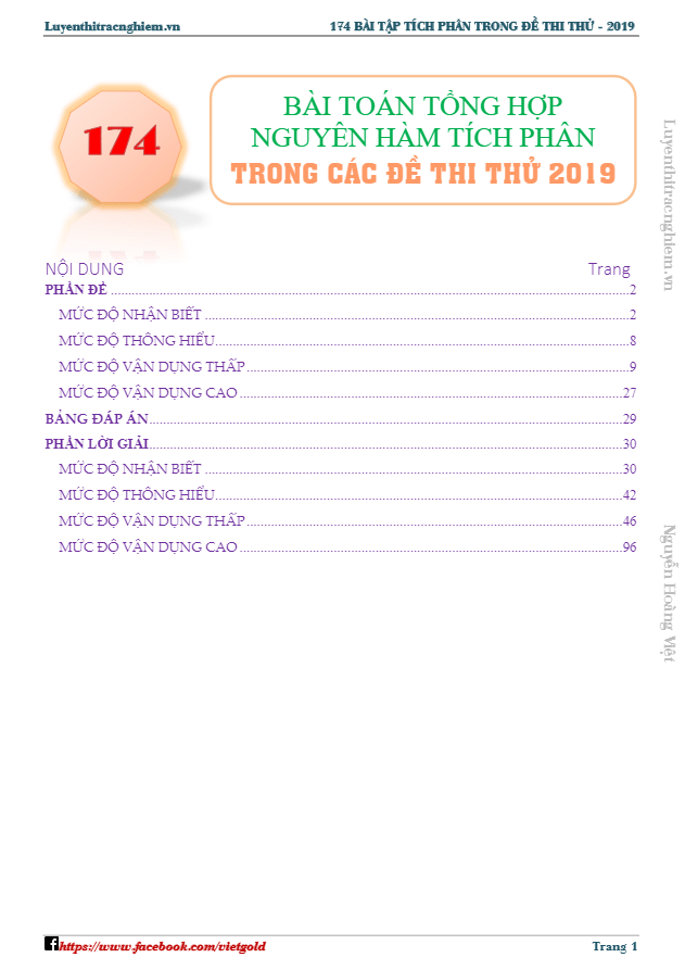 174 bài toán nguyên hàm, tích phân trong các đề thi thử THPTQG 2019 môn Toán