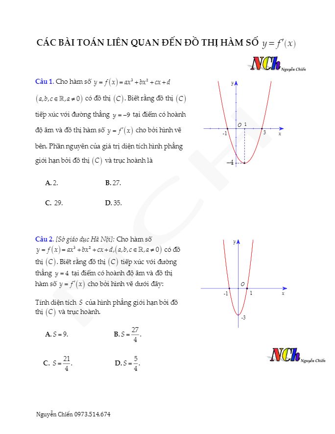Các bài toán liên quan đến đồ thị hàm số y = f'(x) – Nguyễn Chiến
