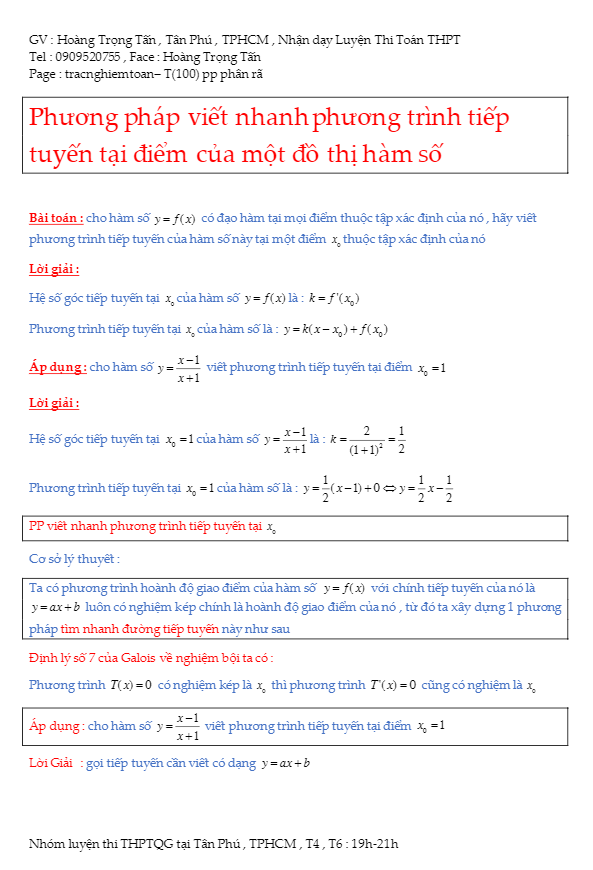 Phương pháp viết nhanh phương trình tiếp tuyến tại một điểm của đồ thị hàm số – Hoàng Trọng Tấn