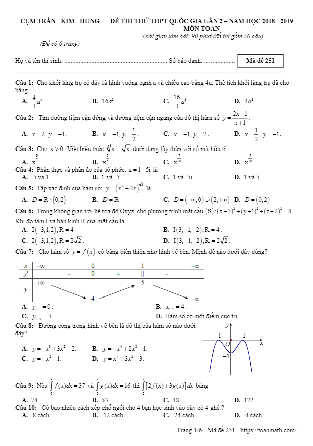 Đề thi thử Toán THPT Quốc gia 2019 lần 2 cụm Trần – Kim – Hưng – Hưng Yên