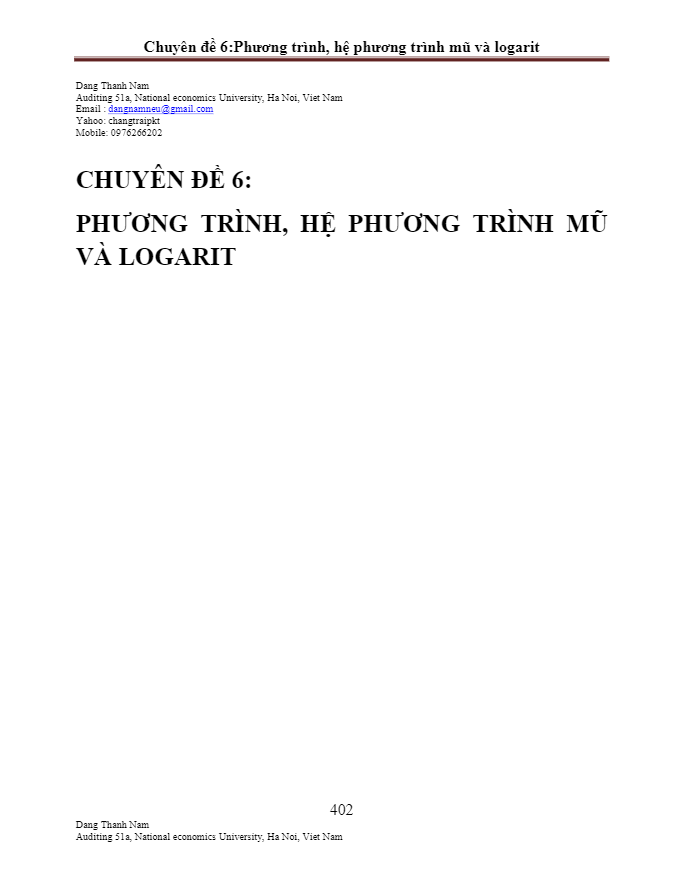 Phương trình Mũ và Logarit – Đặng Thành Nam