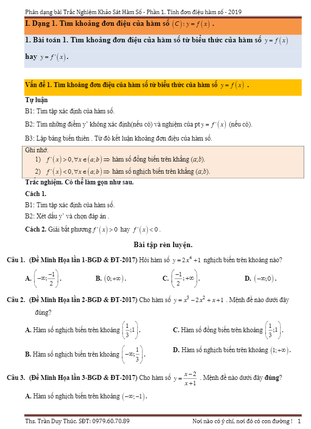 Phân dạng trắc nghiệm tính đơn điệu của hàm số (2019) – Trần Duy Thúc