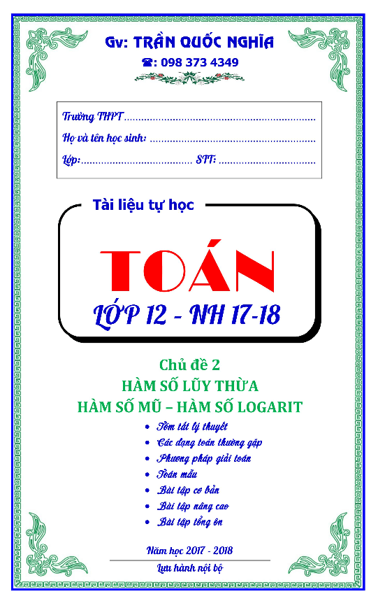 Chuyên đề hàm số luỹ thừa, hàm số mũ và hàm số logarit – Trần Quốc Nghĩa