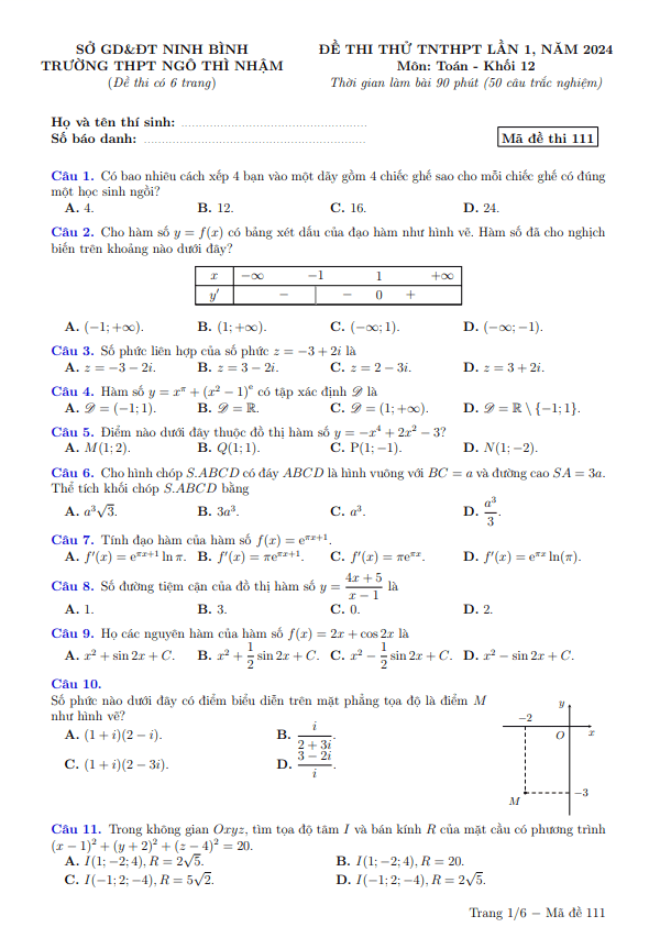 Đề thi thử TN THPT 2024 môn Toán lần 1 trường THPT Ngô Thì Nhậm – Ninh Bình