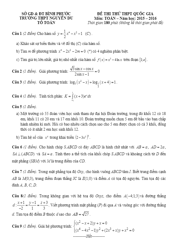 Đề thi thử Quốc gia 2016 môn Toán trường chuyên Nguyễn Du – Bình Phước