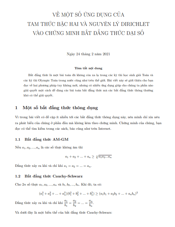 Ứng dụng tam thức bậc hai và nguyên lý Dirichlet vào chứng minh bất đẳng thức