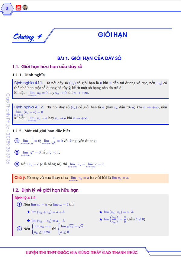 Giới hạn của dãy số, giới hạn của hàm số và hàm số liên tục – Cao Thanh Phúc