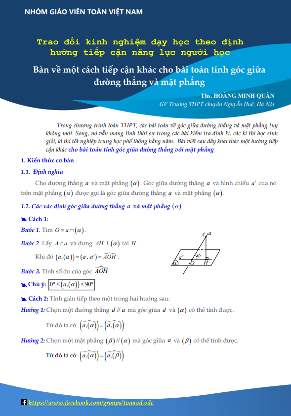 Bàn về một cách tiếp cận khác cho bài toán tính góc giữa đường thẳng và mặt phẳng