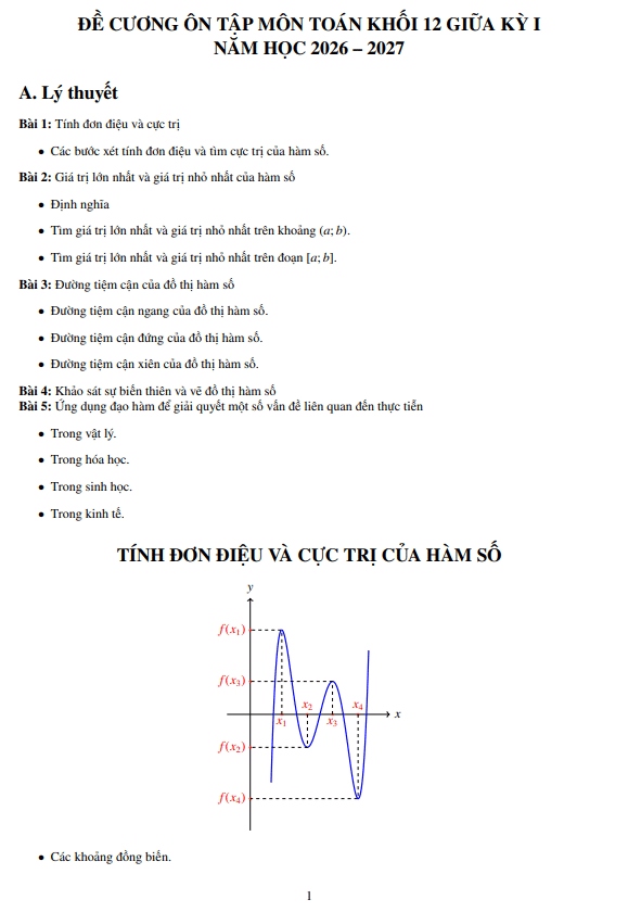 Đề cương giữa kỳ 1 Toán 12 năm 2026 – 2027 trường THPT Đức Trọng – Lâm Đồng
