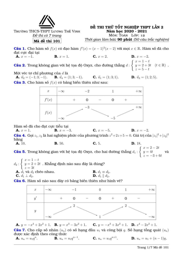 Đề thi thử Toán tốt nghiệp THPT 2021 lần 2 trường Lương Thế Vinh – Hà Nội