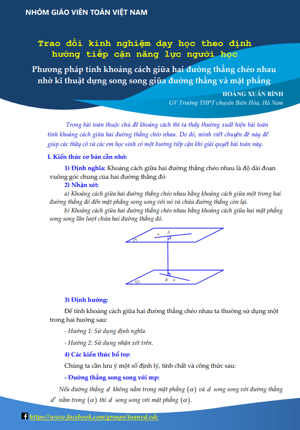 Phương pháp tính khoảng cách giữa hai đường thẳng chéo nhau nhờ kĩ thuật dựng song song giữa đường thẳng và mặt phẳng