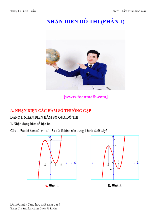Bài tập trắc nghiệm nhận diện đồ thị hàm số có lời giải chi tiết – Lê Anh Tuấn