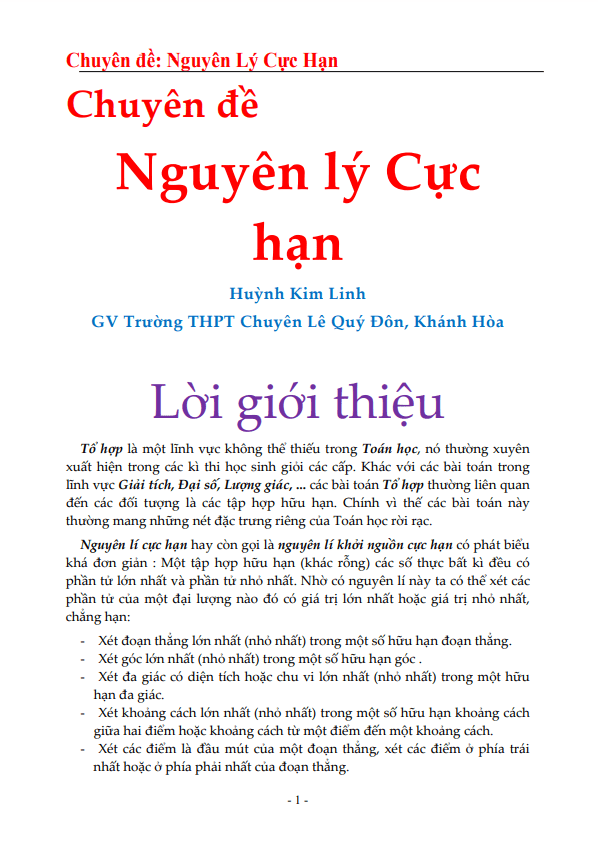 Chuyên đề nguyên lý cực hạn – Huỳnh Kim Linh